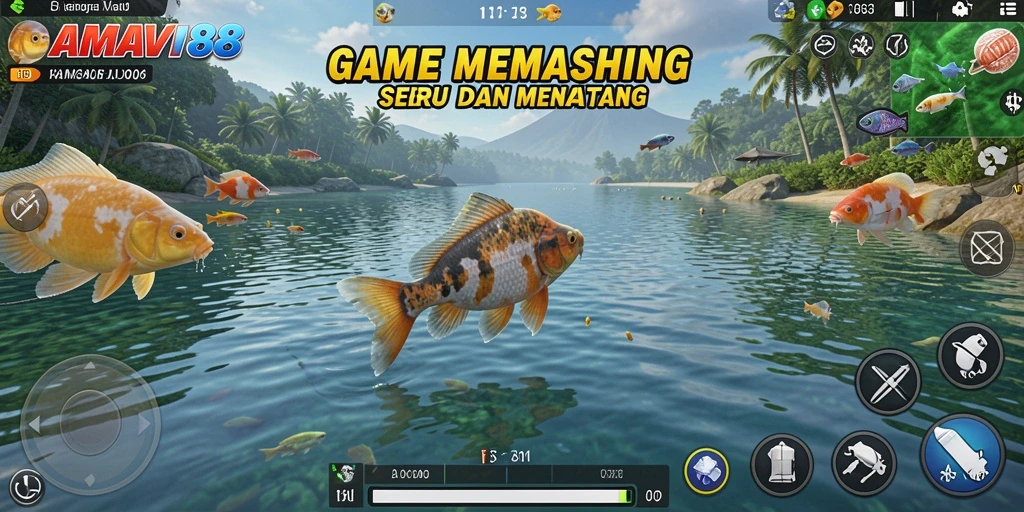 Screenshot gameplay AMAVI88 menampilkan pemain yang menangkap ikan di lokasi yang indah.