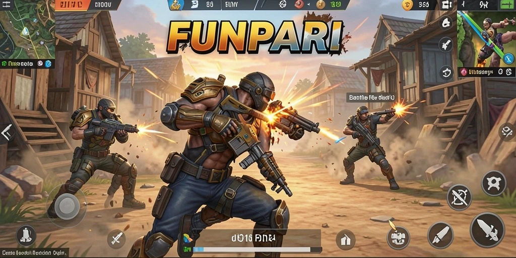Screenshot utama FUNPARI menampilkan aksi seru dalam pertempuran Battle Royale.